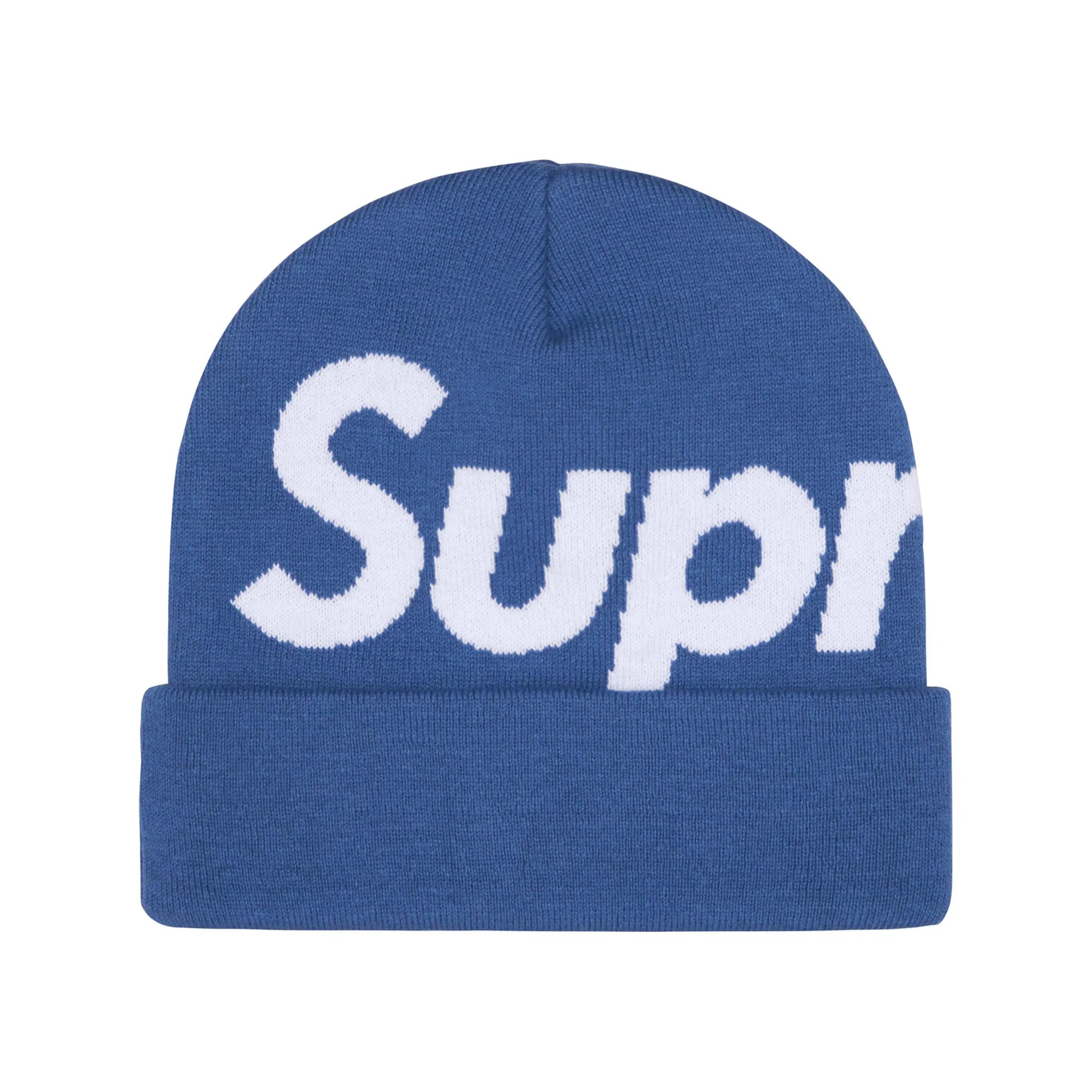Front view of Supreme Big Logo Beanie Blue (FW24)